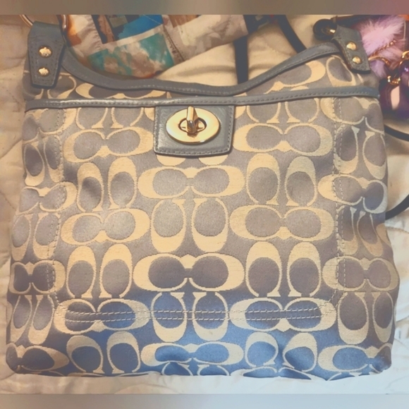 Coach Penelope Canvas Sateen Patent Leather Crossbody Purse, Blue/Gray - Picture 1 of 16